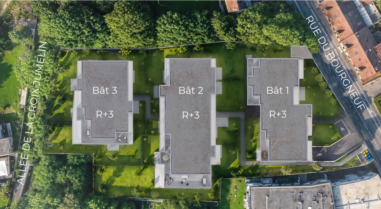 Plan masse vue du haut - B&acirc;timents 1, 2 et 3 - 17 Bourgneuf